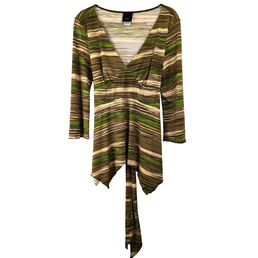 Y2K‎ Babydoll Deep V Neck Boho Top Striped Festival Fall Handerchief Hem Large